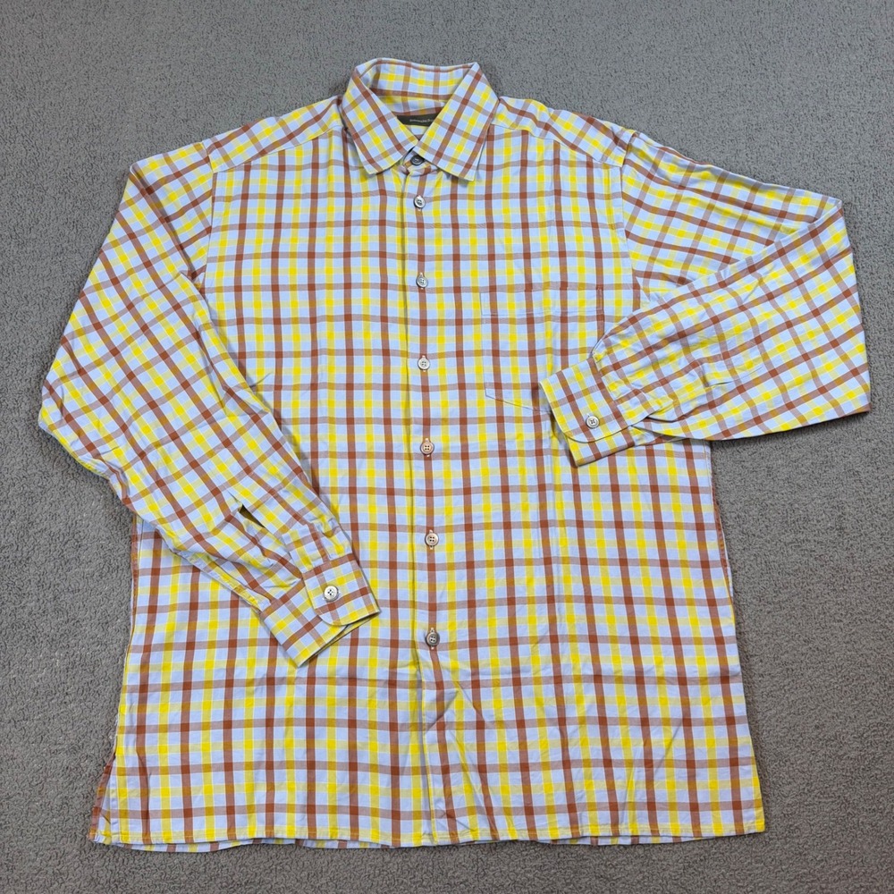 Ermenegildo Zegna Mens Yellow Brown Plaid Cotton Long Sleeve Button Down Shirt L
